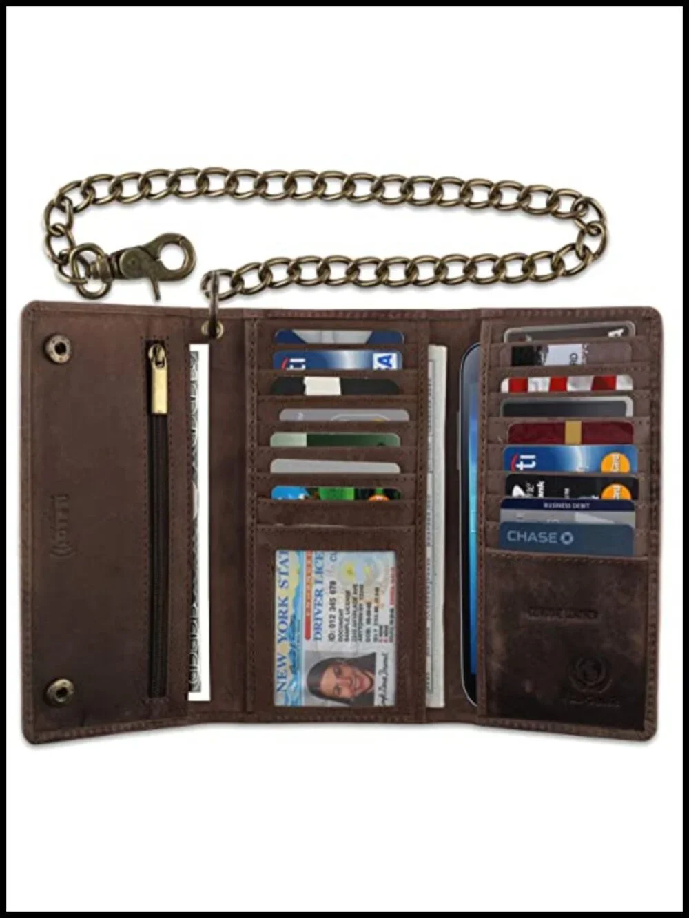 RFID Blocking Tri-Fold Cowhide Leather Wallet with Steel Chain
